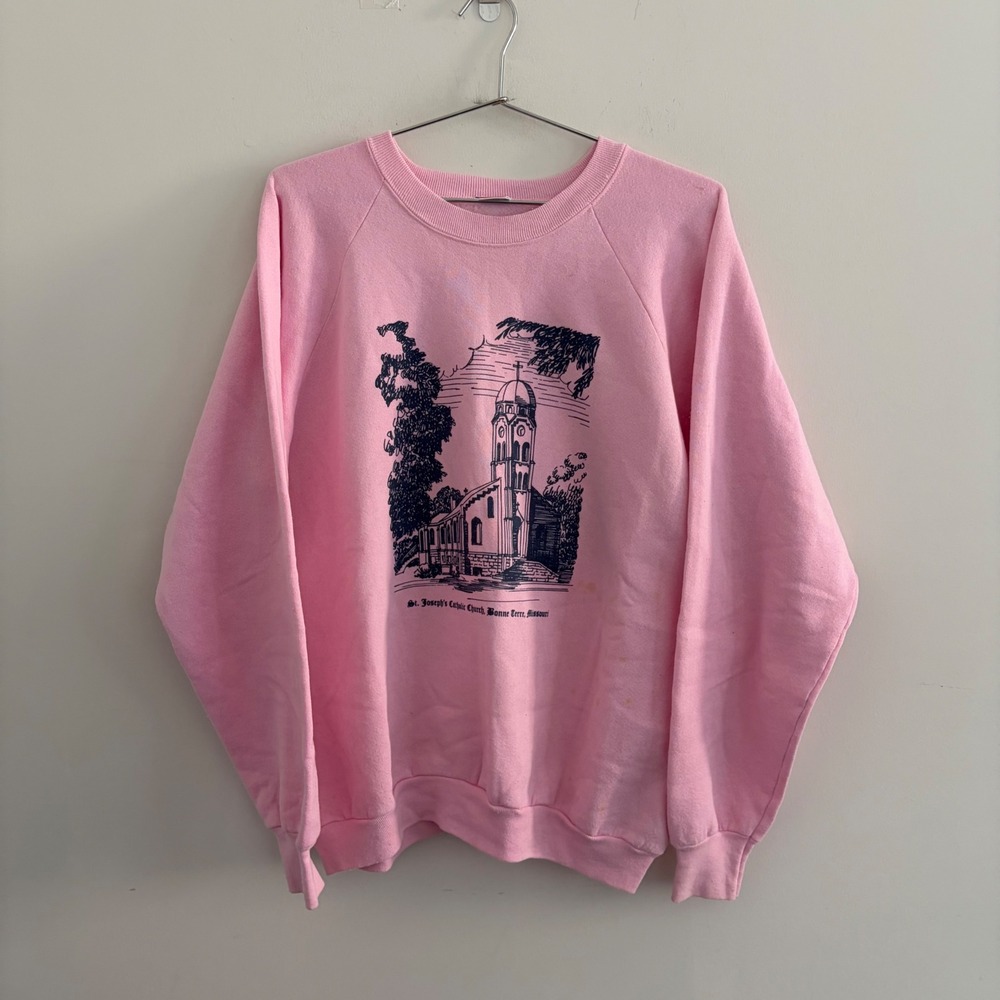 Vintage Fruit of the Loom Pink St Josephs Catholic Church Sweatshirt XL